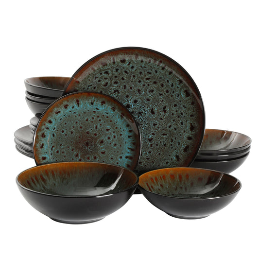 Kyoto 16-Piece Double Bowl Reactive Stoneware Dinnerware Set - Teal