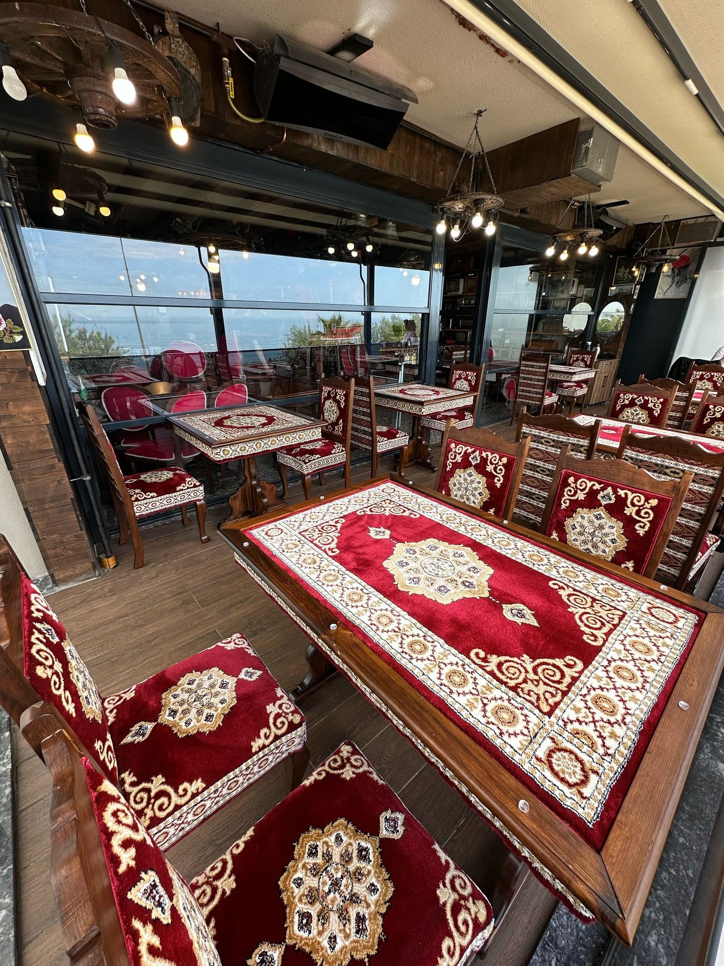 Red Turkish Rug Carpet Wooden Bench Sofa