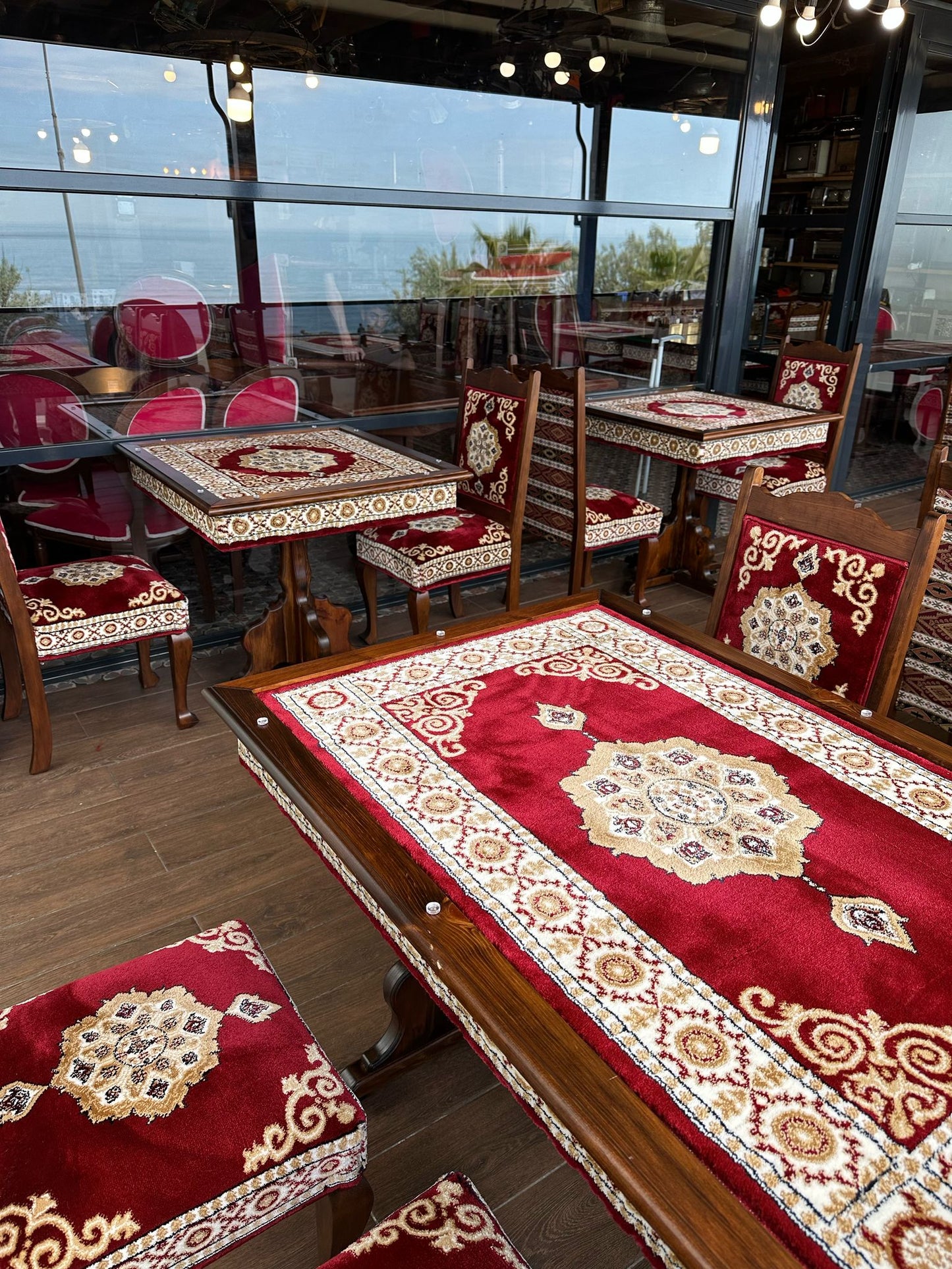 Red Turkish Rug Carpet Wooden Bench Sofa