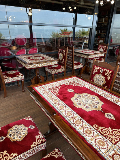 Red Turkish Rug Carpet Wooden Bench Sofa