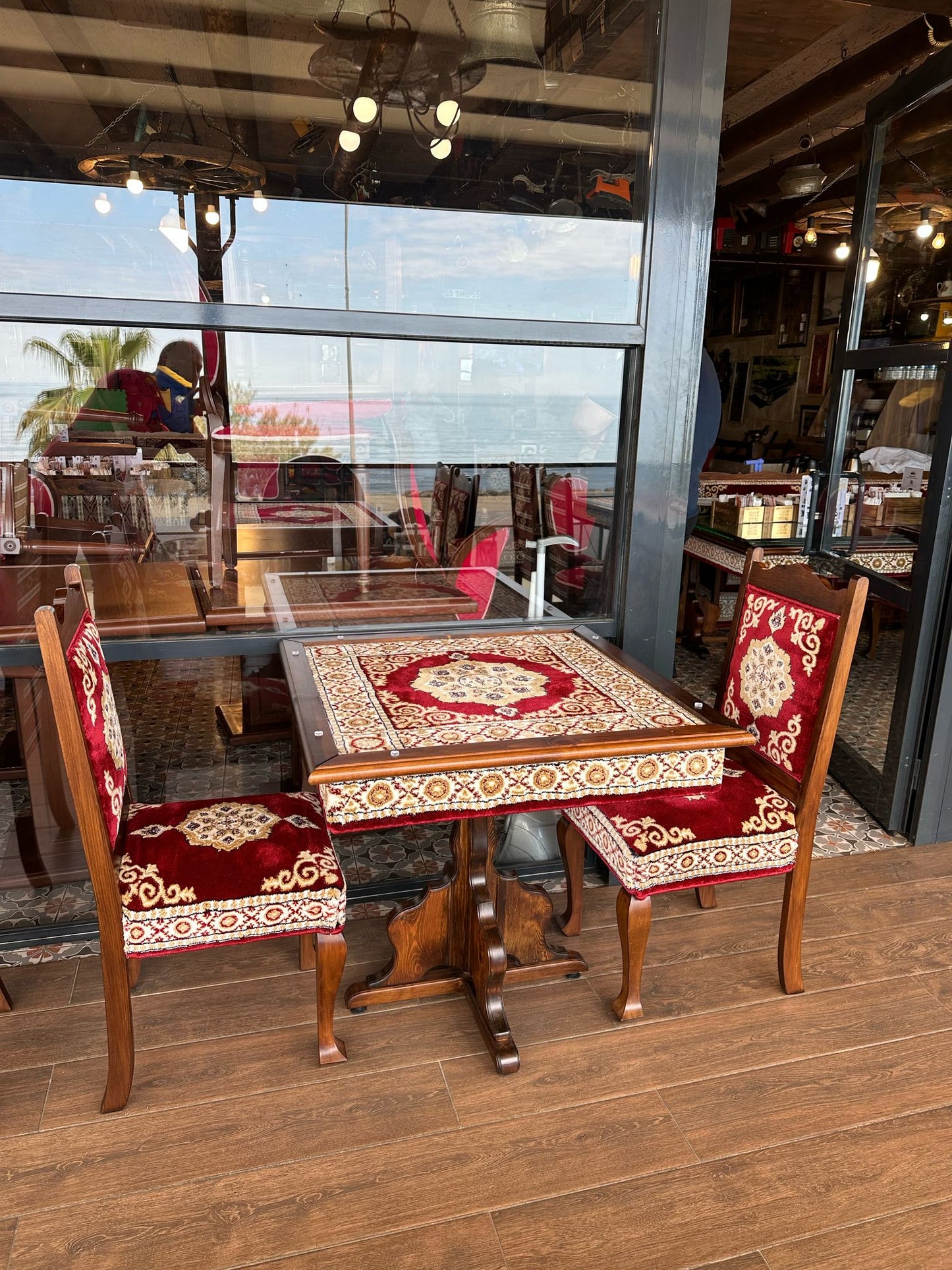 Red Turkish Rug Carpet Wooden Bench Sofa