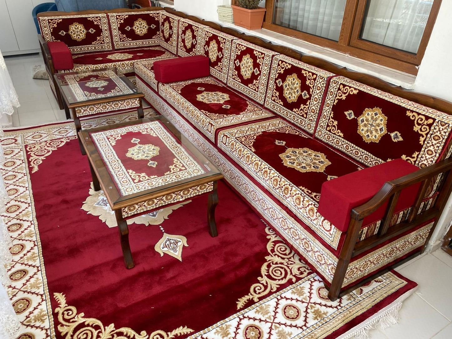 Red Turkish Rug Carpet Wooden Bench Sofa