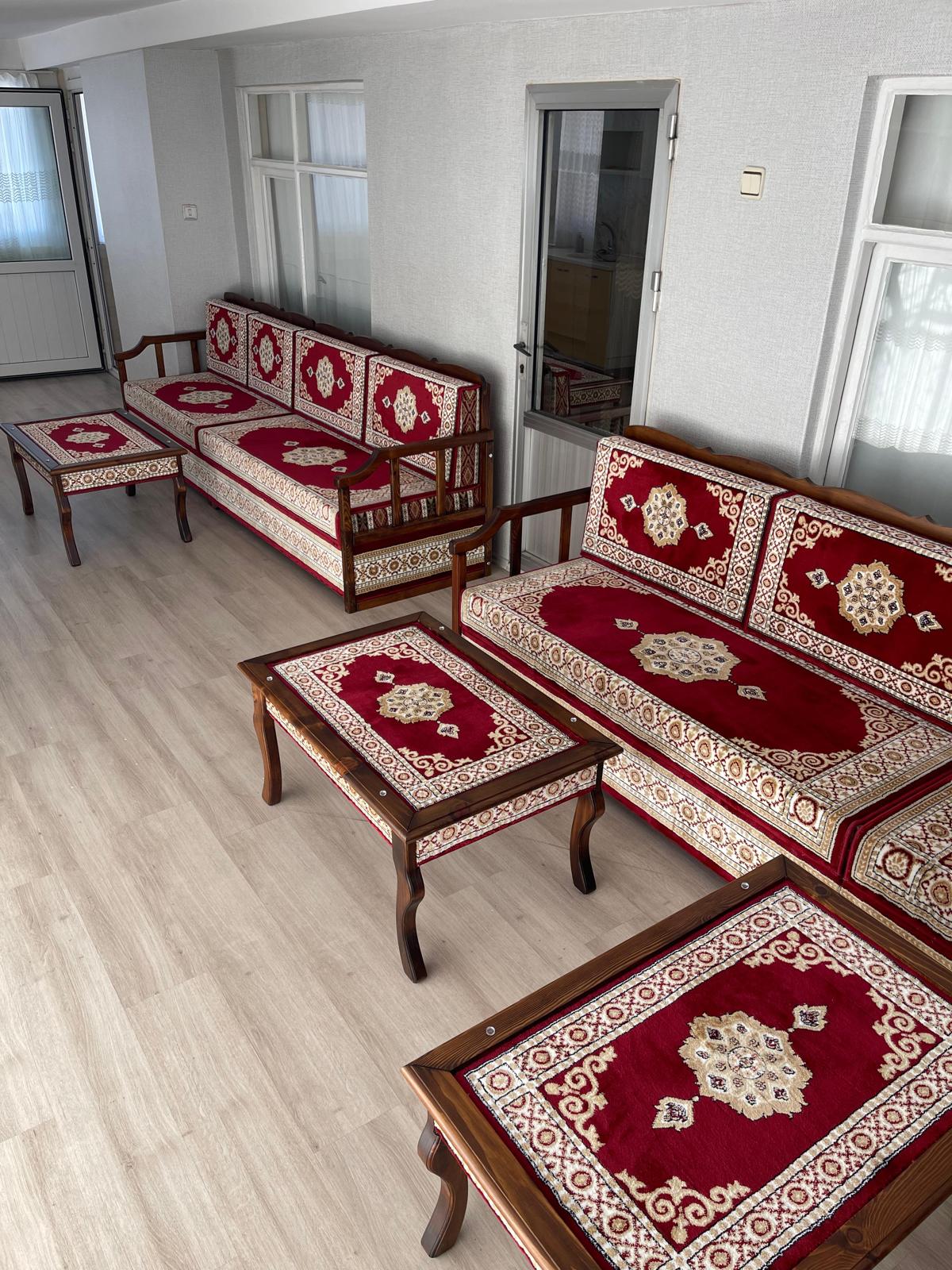 Red Turkish Rug Carpet Wooden Bench Sofa