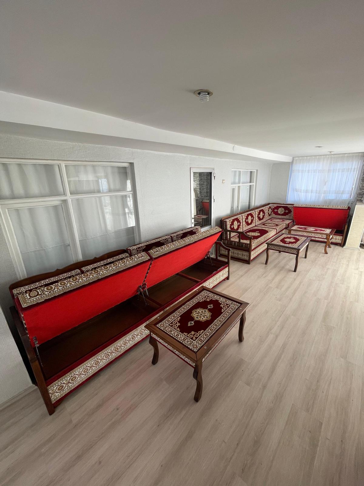 Red Turkish Rug Carpet Wooden Bench Sofa
