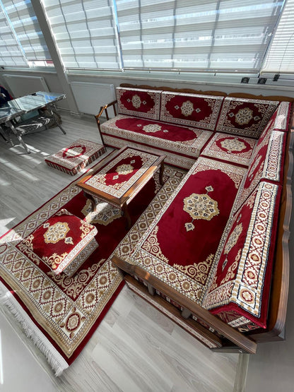 Red Turkish Rug Carpet Wooden Bench Sofa