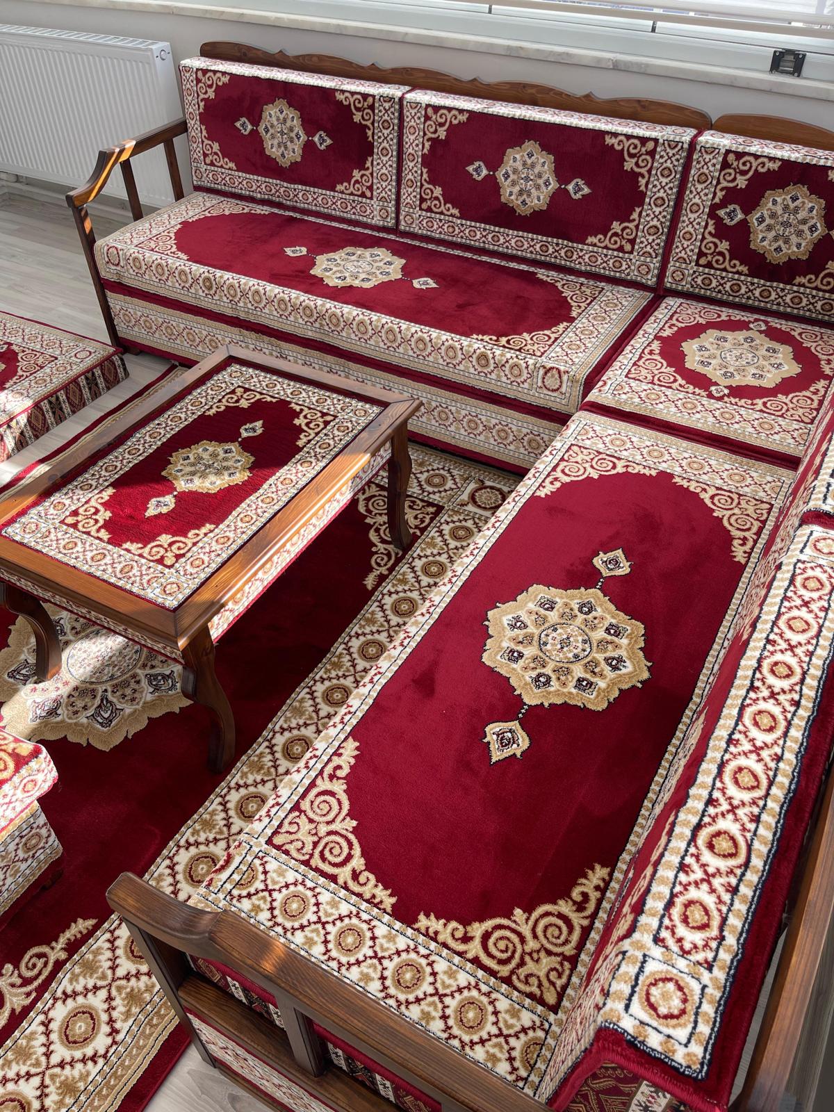 Red Turkish Rug Carpet Wooden Bench Sofa
