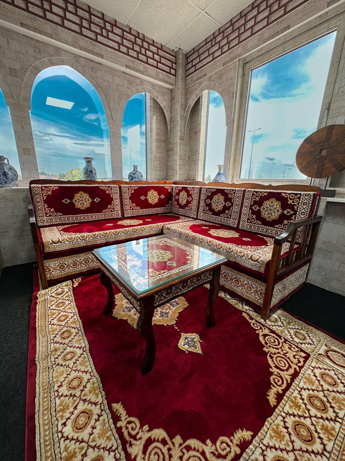 Red Turkish Rug Carpet Wooden Bench Sofa