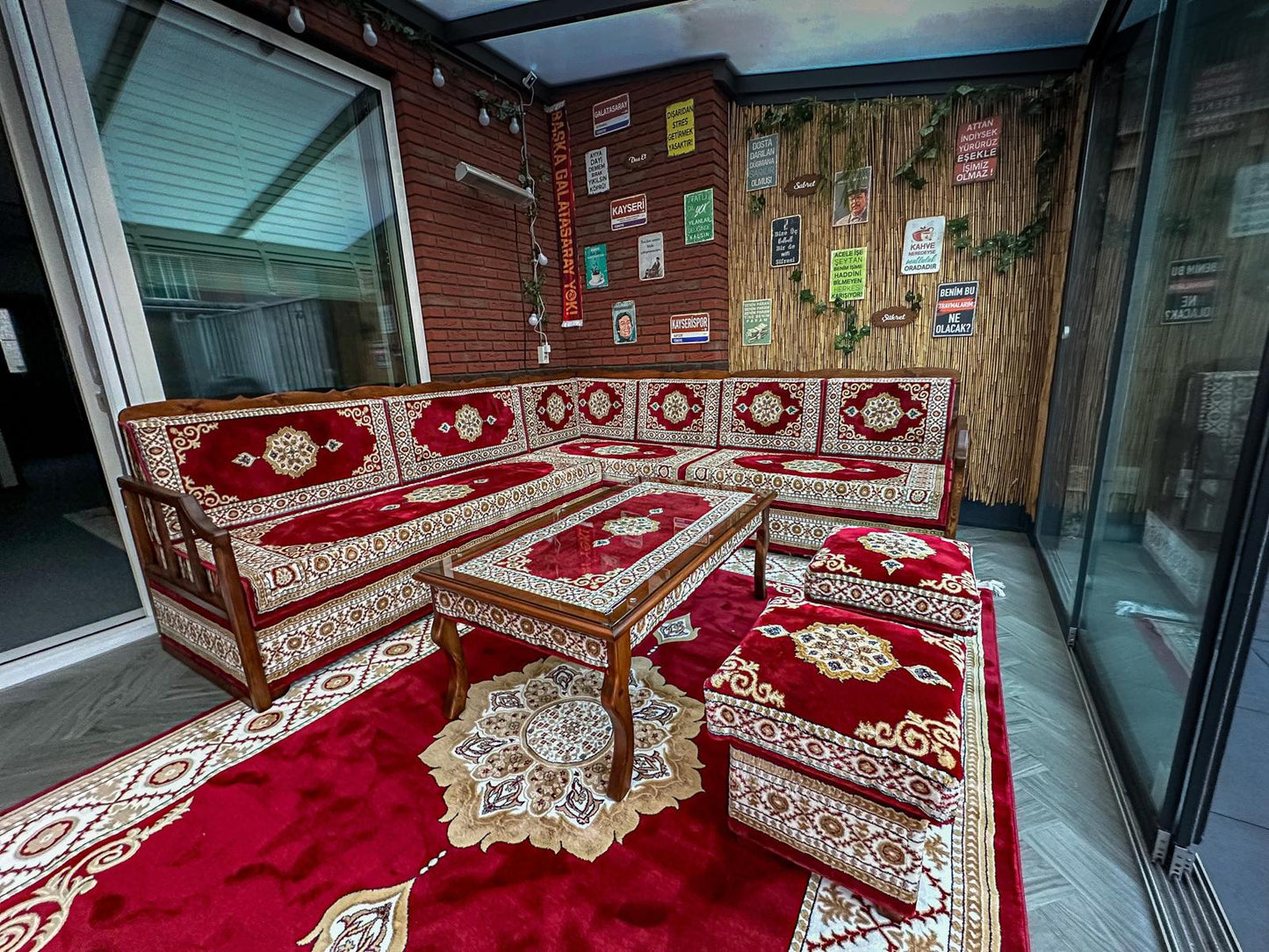 Red Turkish Rug Carpet Wooden Bench Sofa