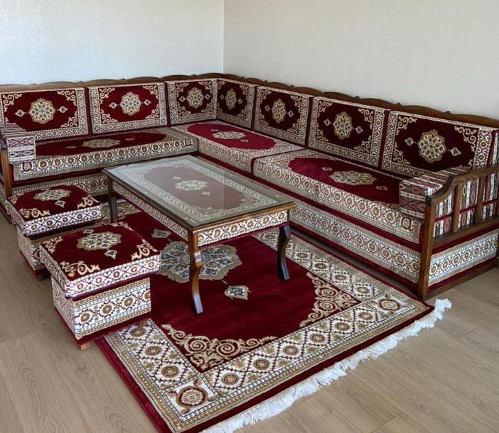 Red Turkish Rug Carpet Wooden Bench Sofa