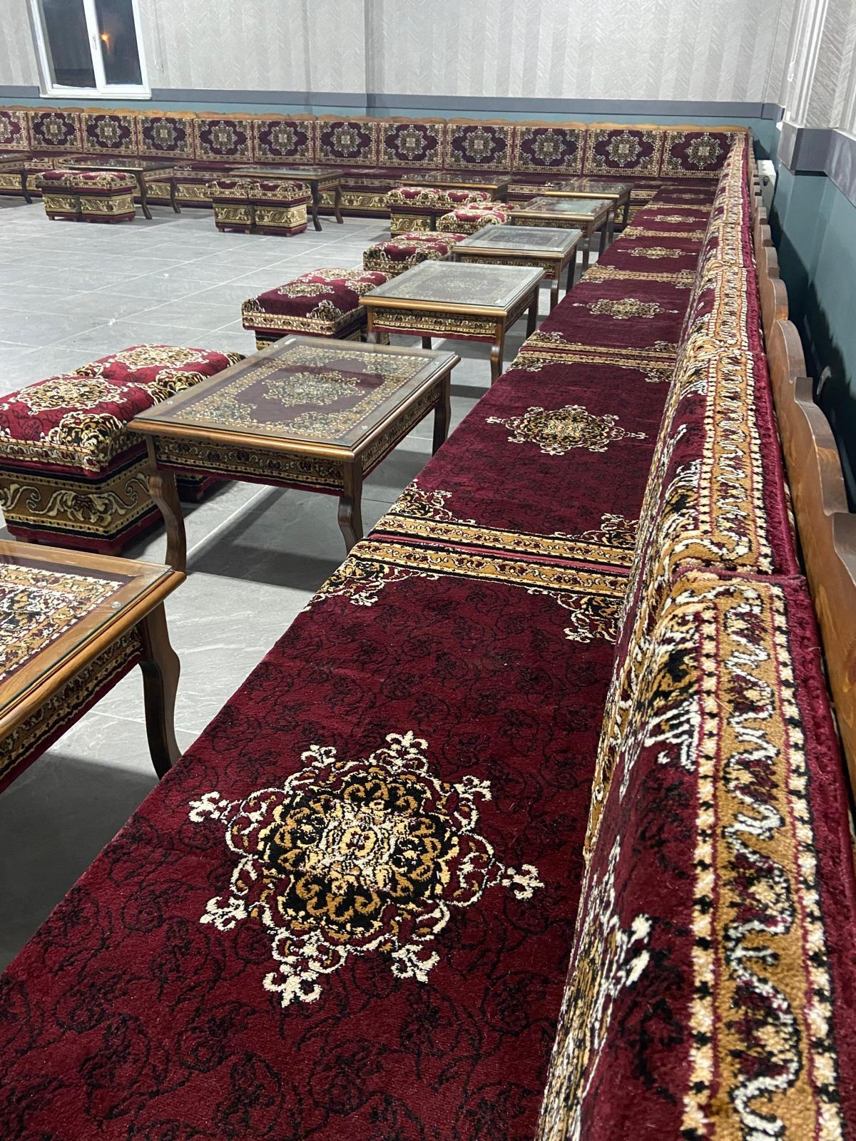 Red Turkish Rug Carpet Wooden Bench Sofa