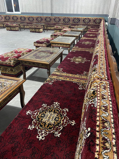 Red Turkish Rug Carpet Wooden Bench Sofa