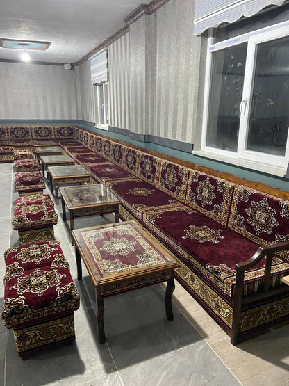 Red Turkish Rug Carpet Wooden Bench Sofa