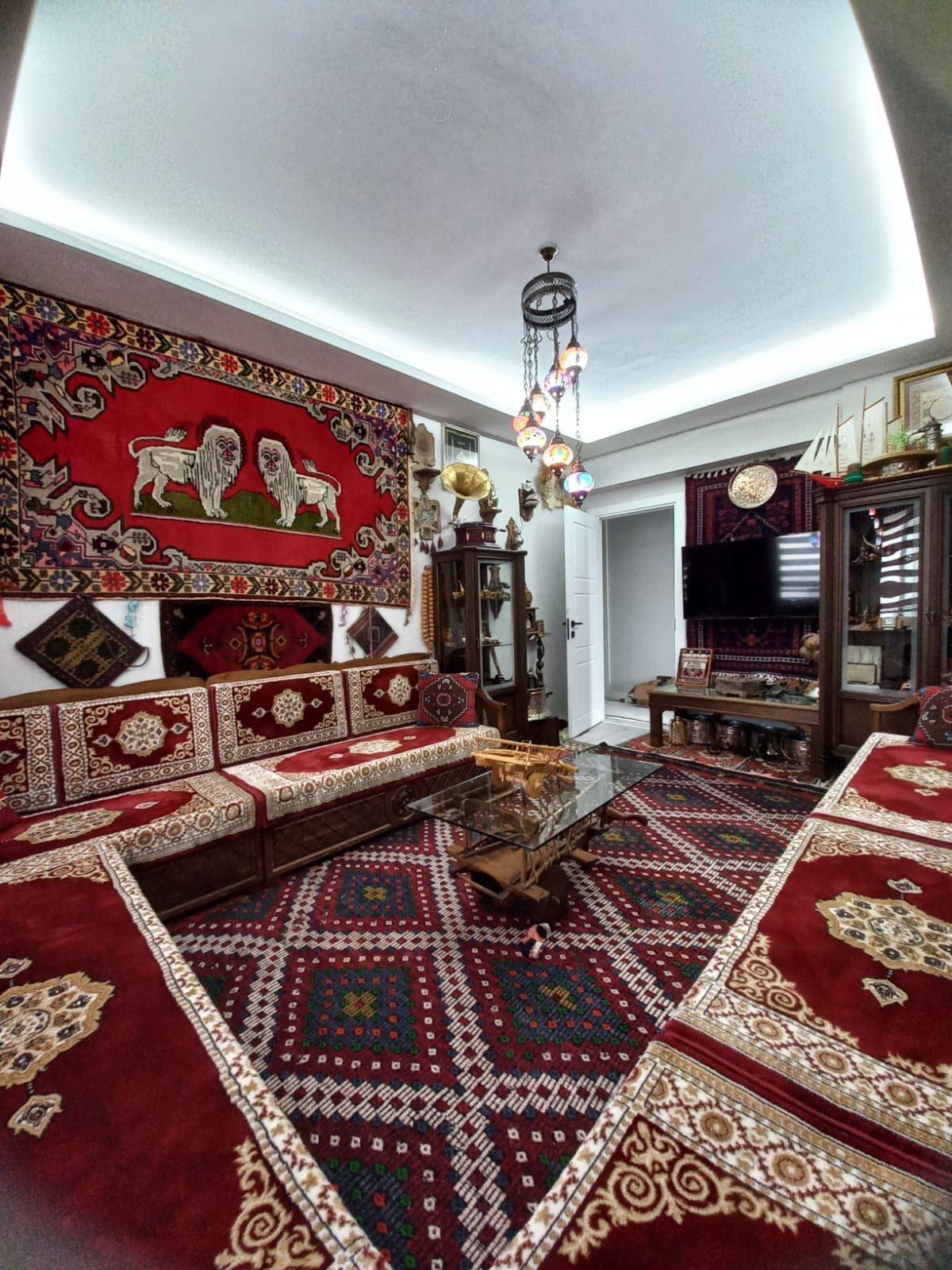 Red Turkish Rug Carpet Wooden Bench Sofa