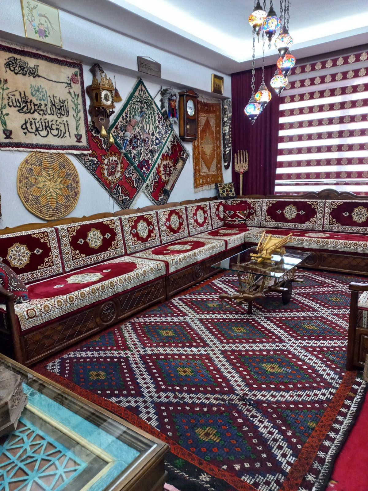 Red Turkish Rug Carpet Wooden Bench Sofa