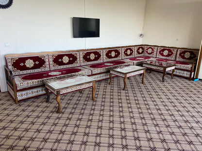 Red Turkish Rug Carpet Wooden Bench Sofa