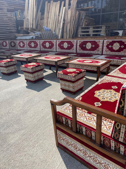 Red Turkish Rug Carpet Wooden Bench Sofa
