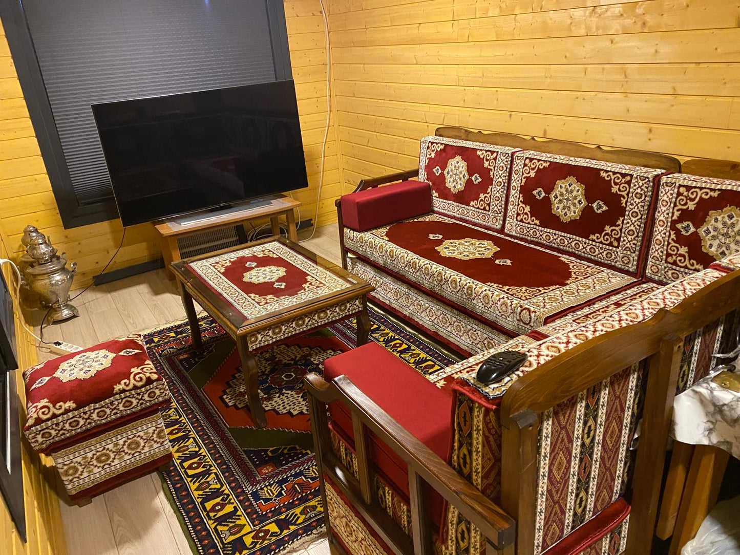 Red Turkish Rug Carpet Wooden Bench Sofa