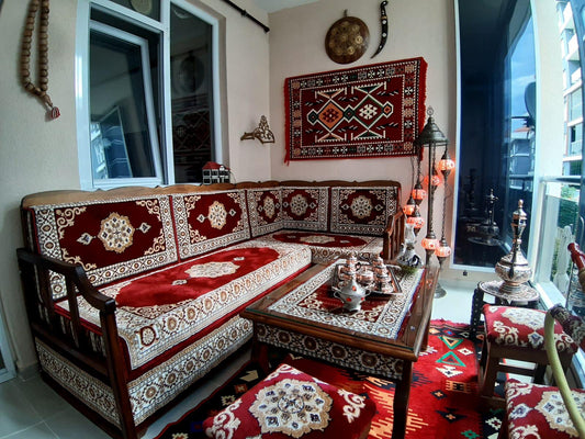Red Turkish Rug Carpet Wooden Bench Sofa