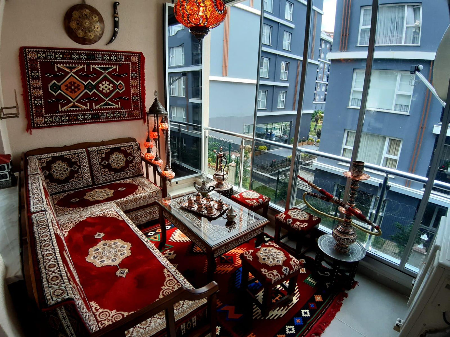 Red Turkish Rug Carpet Wooden Bench Sofa