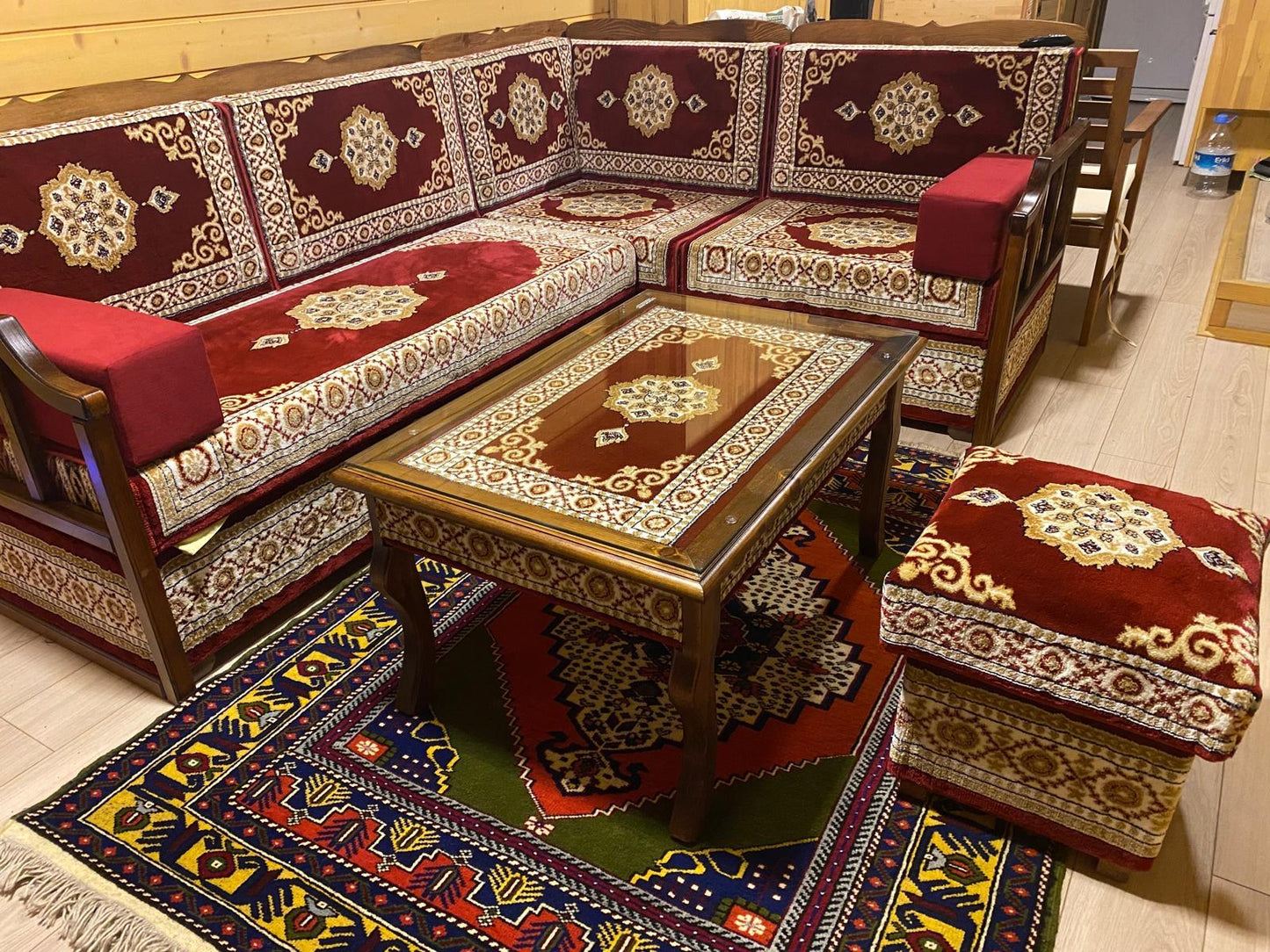 Red Turkish Rug Carpet Wooden Bench Sofa