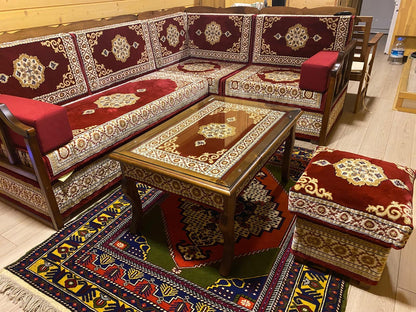 Red Turkish Rug Carpet Wooden Bench Sofa