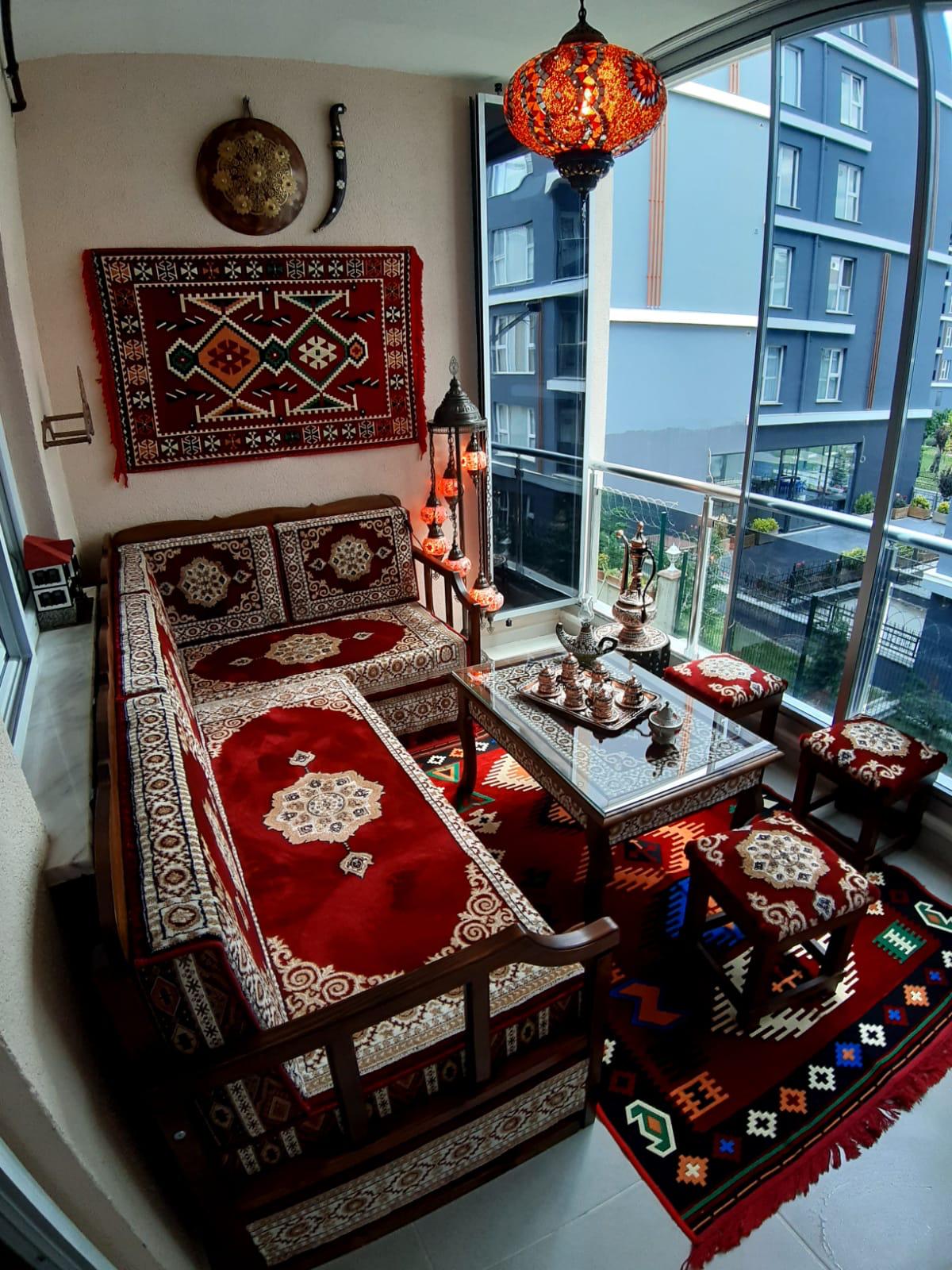 Red Turkish Rug Carpet Wooden Bench Sofa