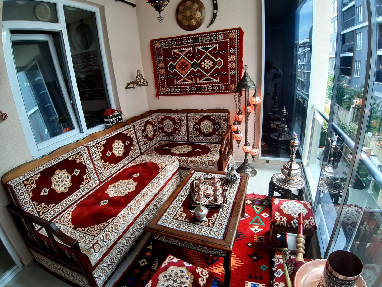 Red Turkish Rug Carpet Wooden Bench Sofa