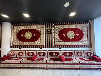 Red Turkish Rug Carpet Wooden Bench Sofa