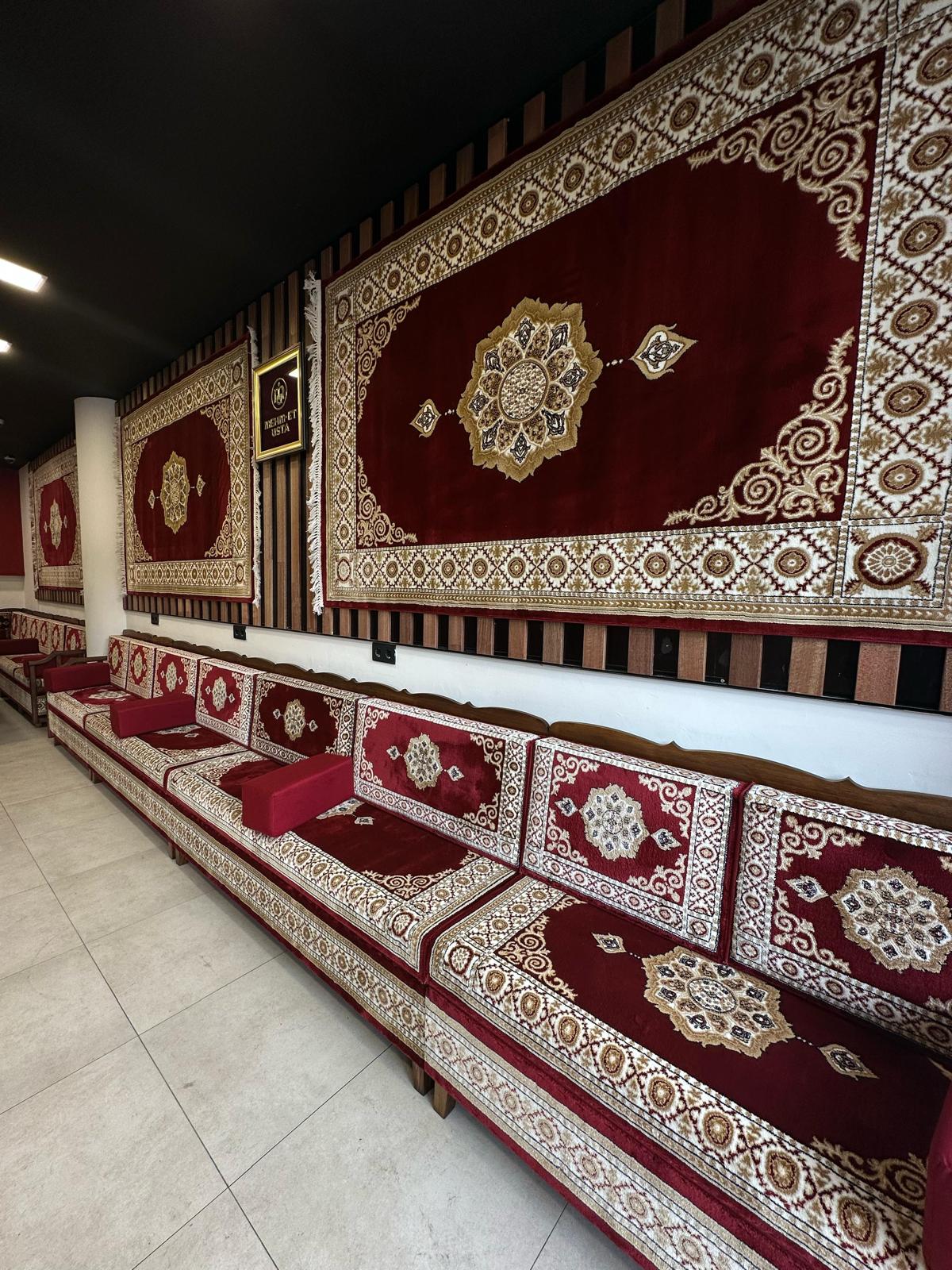 Red Turkish Rug Carpet Wooden Bench Sofa