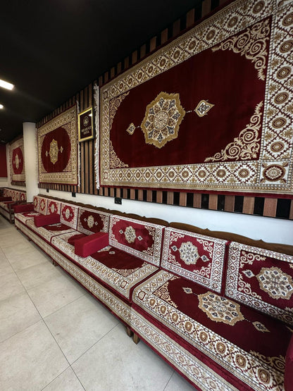 Red Turkish Rug Carpet Wooden Bench Sofa