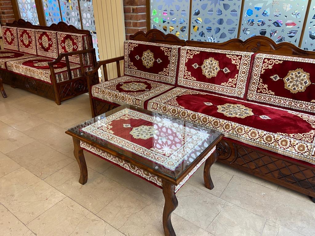 Red Turkish Rug Carpet Wooden Bench Sofa
