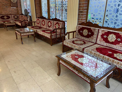 Red Turkish Rug Carpet Wooden Bench Sofa