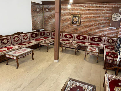 Red Turkish Rug Carpet Wooden Bench Sofa