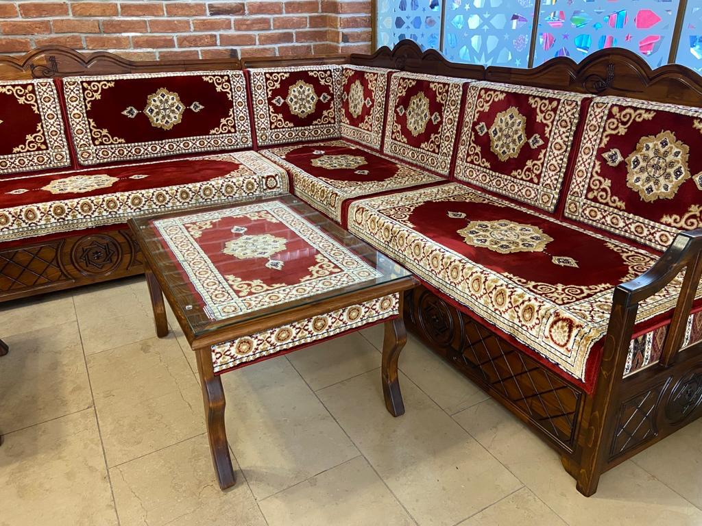 Red Turkish Rug Carpet Wooden Bench Sofa