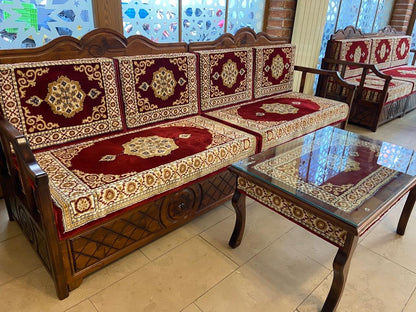 Red Turkish Rug Carpet Wooden Bench Sofa