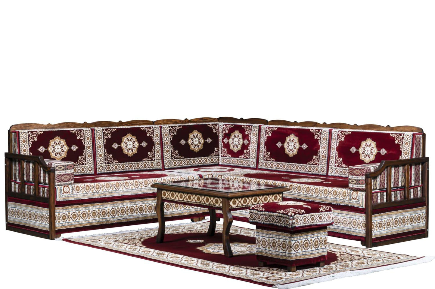 Red Turkish Rug Carpet Wooden Bench Sofa