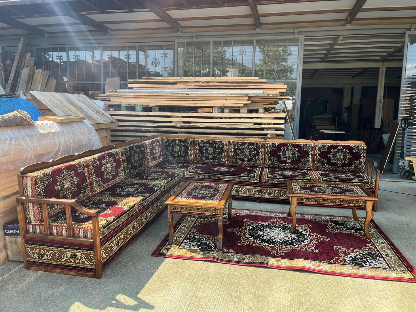 Red Turkish Rug Carpet Wooden Bench Sofa