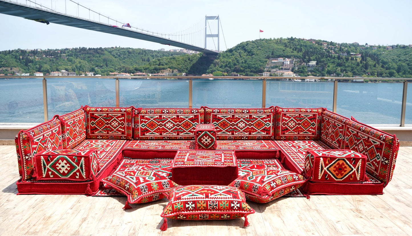 Red Arabic Floor Sofa Cover, Sectional Sofa, U Shaped Pallet Cushion, Ethnic Pillow Set, Indoor Sofa Set