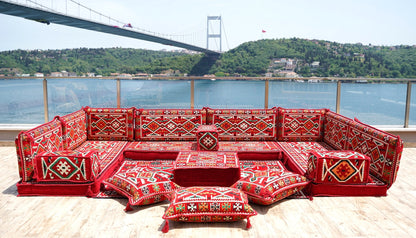 Red Arabic Floor Sofa Cover, Sectional Sofa, U Shaped Pallet Cushion, Ethnic Pillow Set, Indoor Sofa Set