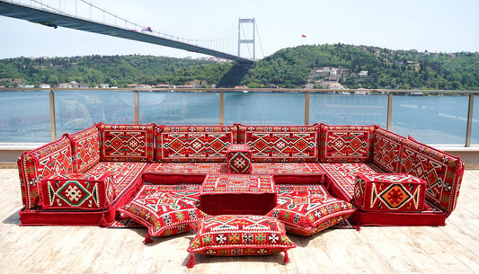 Red Arabic Floor Sofa Cover, Sectional Sofa, U Shaped Pallet Cushion, Ethnic Pillow Set, Indoor Sofa Set