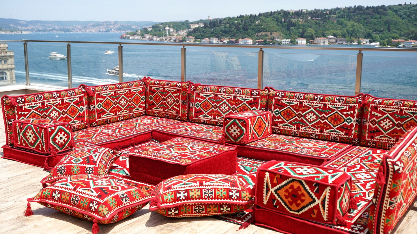 Red Arabic Floor Sofa Cover, Sectional Sofa, U Shaped Pallet Cushion, Ethnic Pillow Set, Indoor Sofa Set