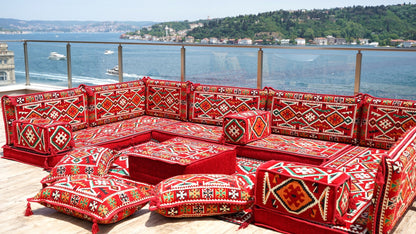Red Arabic Floor Sofa Cover, Sectional Sofa, U Shaped Pallet Cushion, Ethnic Pillow Set, Indoor Sofa Set