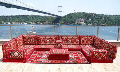 Red Arabic Floor Sofa Cover, Sectional Sofa, U Shaped Pallet Cushion, Ethnic Pillow Set, Indoor Sofa Set