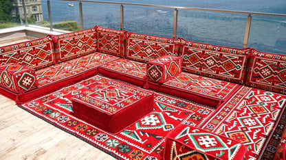 Red Arabic Floor Sofa Cover, Sectional Sofa, U Shaped Pallet Cushion, Ethnic Pillow Set, Indoor Sofa Set