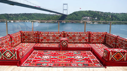 Red Arabic Floor Sofa Cover, Sectional Sofa, U Shaped Pallet Cushion, Ethnic Pillow Set, Indoor Sofa Set