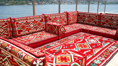 Red Arabic Floor Sofa Cover, Sectional Sofa, U Shaped Pallet Cushion, Ethnic Pillow Set, Indoor Sofa Set