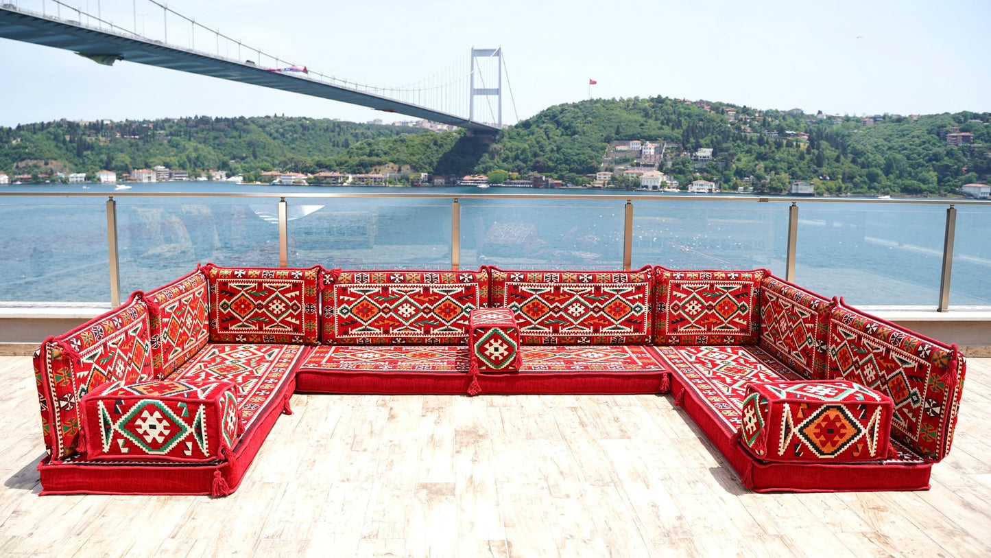 Red Arabic Floor Sofa Cover, Sectional Sofa, U Shaped Pallet Cushion, Ethnic Pillow Set, Indoor Sofa Set