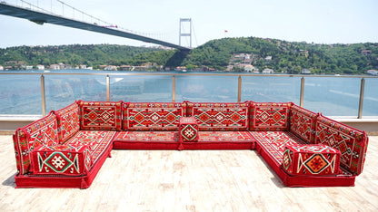Red Arabic Floor Sofa Cover, Sectional Sofa, U Shaped Pallet Cushion, Ethnic Pillow Set, Indoor Sofa Set