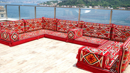 Red Arabic Floor Sofa Cover, Sectional Sofa, U Shaped Pallet Cushion, Ethnic Pillow Set, Indoor Sofa Set