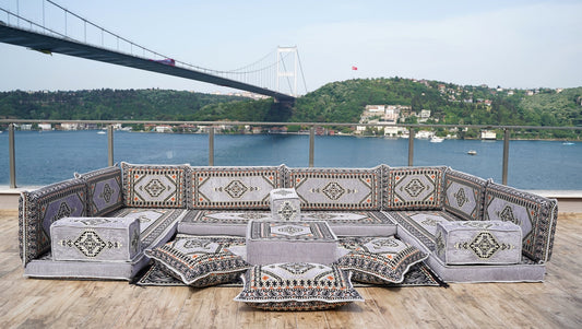 Gray Corner Sofa Seating Set, U Shaped Arabic Sofa Set